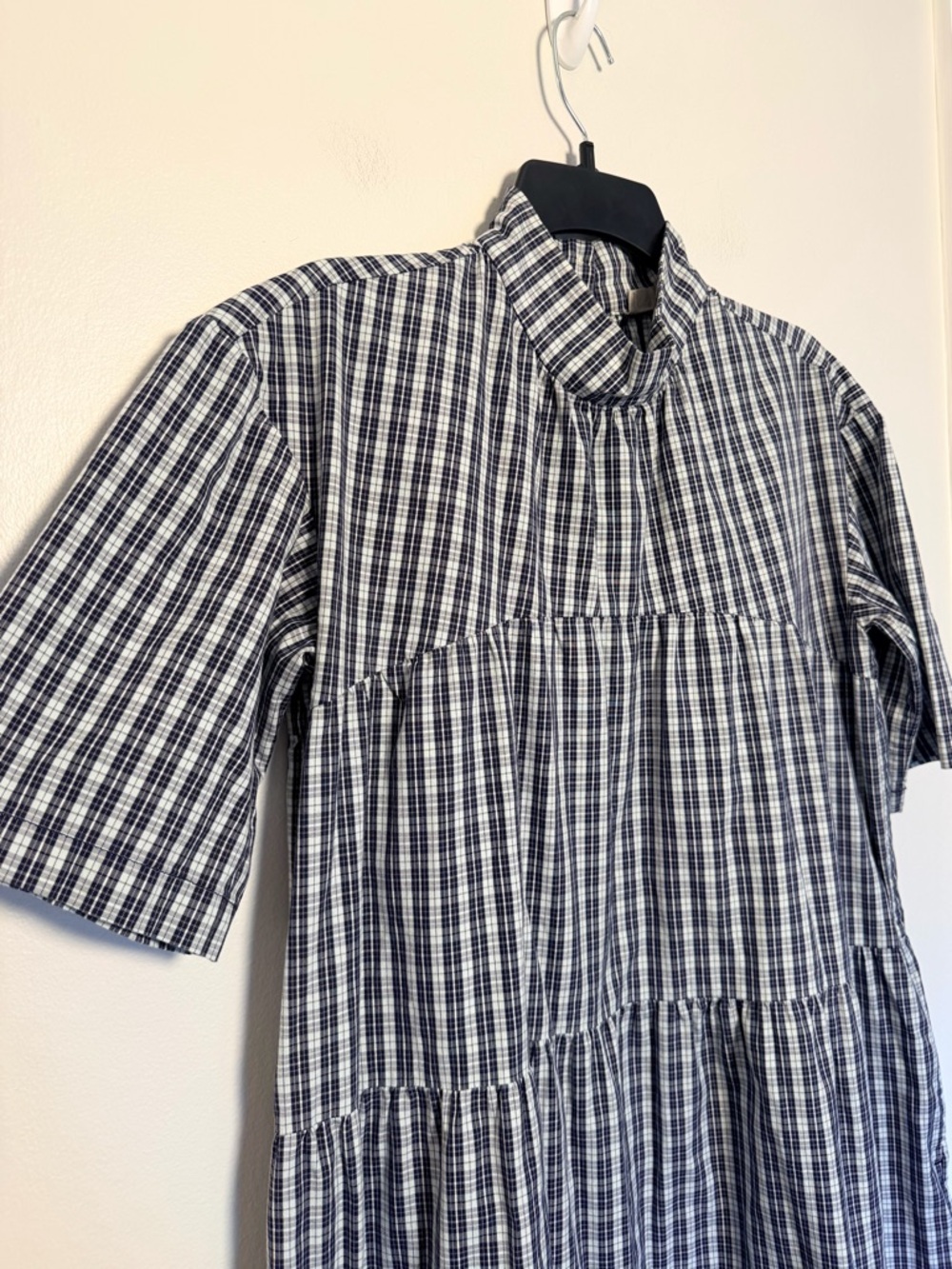 Everlane The Tiered Mock Neck Midi Cotton Checks Dress - Size Small - Picture 4 of 8